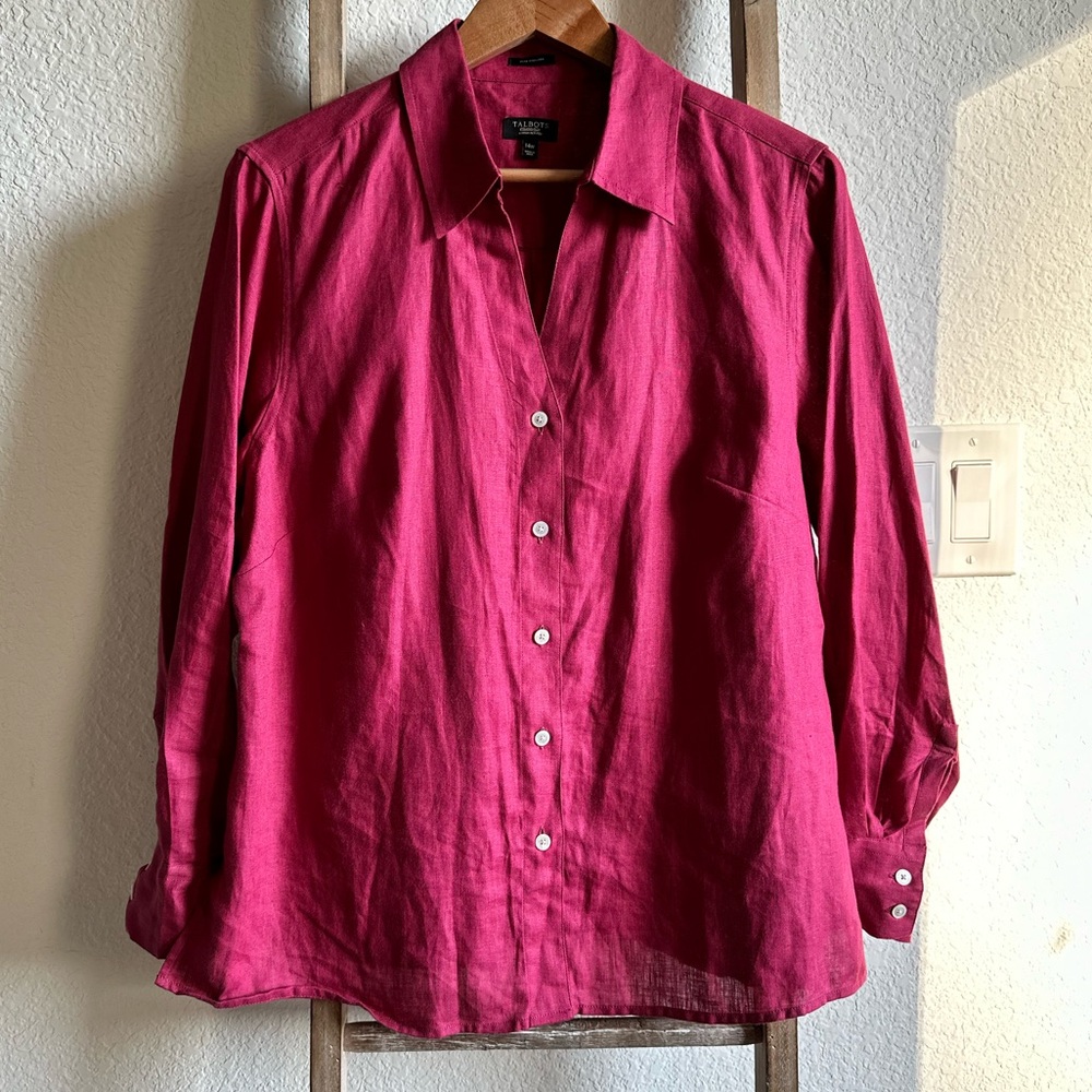 Talbots Pure Irish Linen Fig Button Down Top sz: 14W
